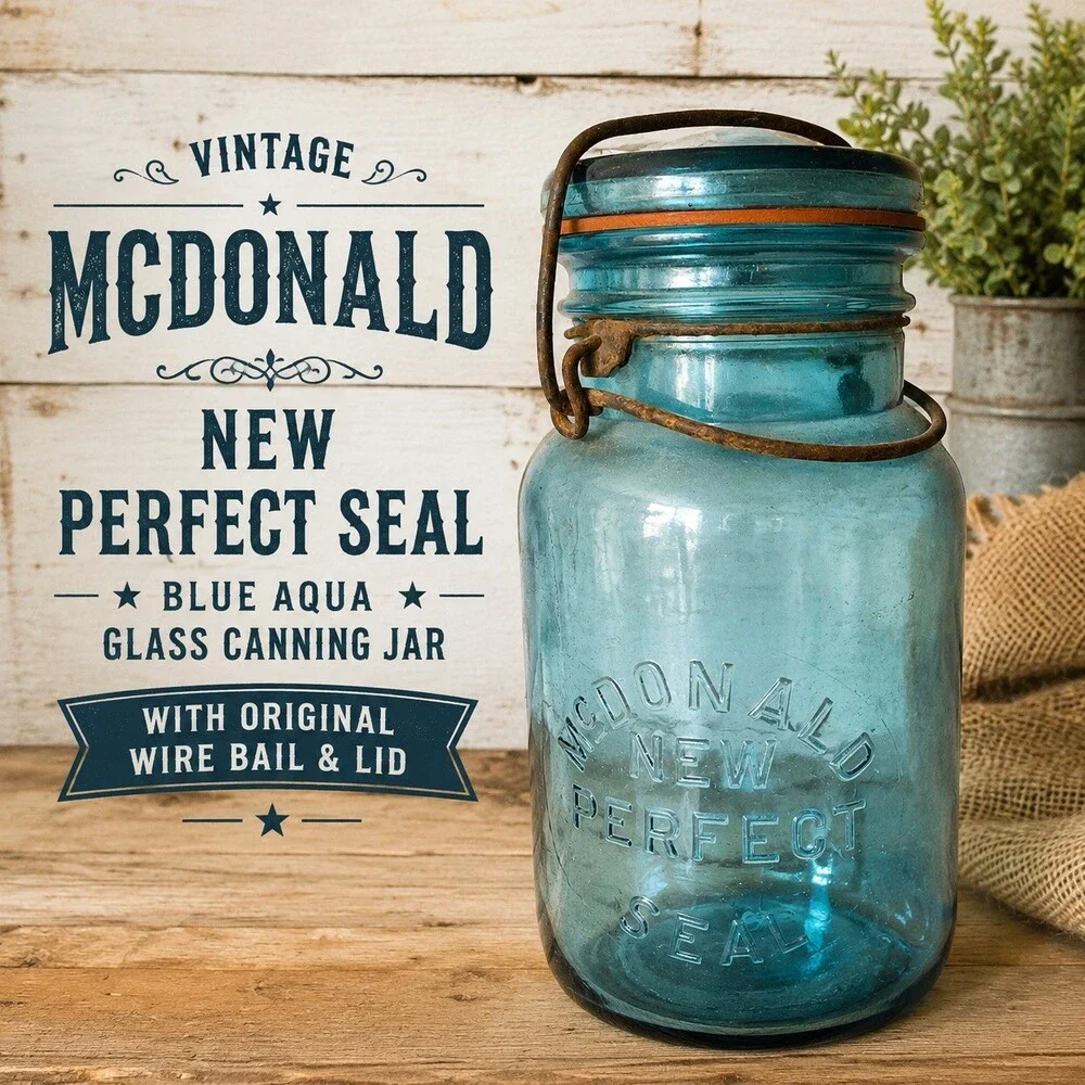 Vintage McDonald New Perfect Seal Blue Aqua Glass Canning Jar Wire Bail Lid